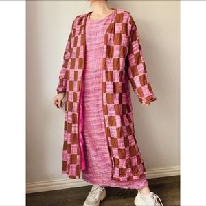 VINTAGE checker tweed duster jacket L pink brown